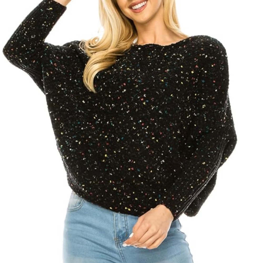 Hyfve Sweater Womens L Black Freckled Chenille Dolman Sleeve BoHo/Chunky/Cozy